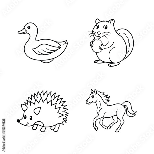Adorable black and white outlined illustrations of various common animals for kids