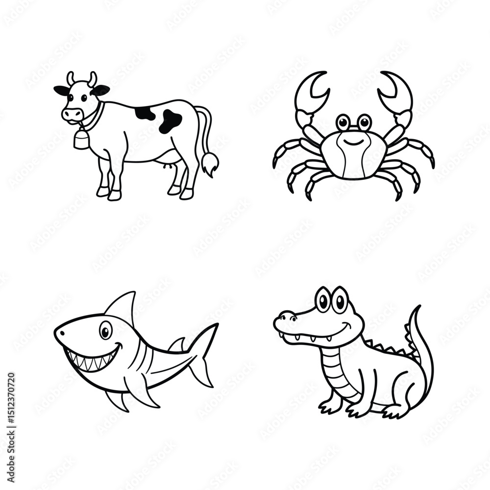 Fototapeta premium Outline illustrations of cartoon animals including a cow a crab a shark and an alligator