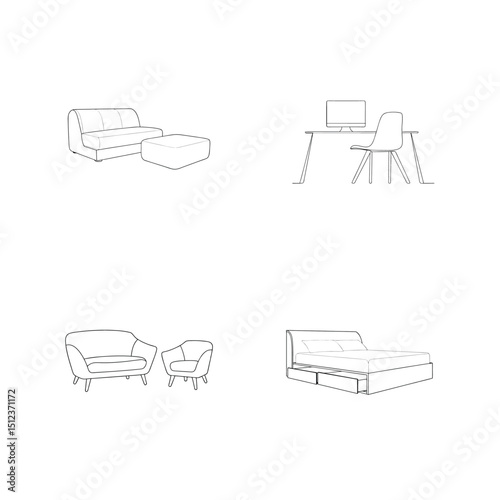 Minimalist line art drawings of modern furniture designs for home interior decoration
