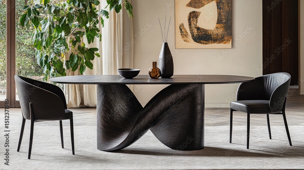 Naklejka premium Minimalist modern dining table with sculptural base, surrounded by high-back chairs