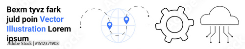 Globe with location pins, gear symbol, cloud with connective lines. Ideal for technology, networking, innovation, automation, software, cloud computing simple landing page