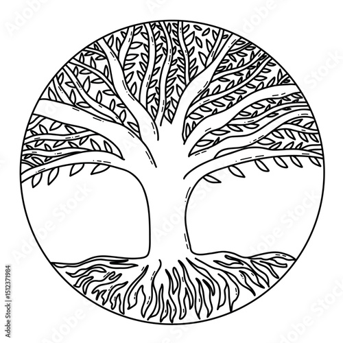 Intricate Tree of Life Yoga Design in a Circle with Roots and Branches Illustration. Detailed line art of a tree enclosed in a circle, showcasing its roots and branching canopy. Perfect for symbolic 