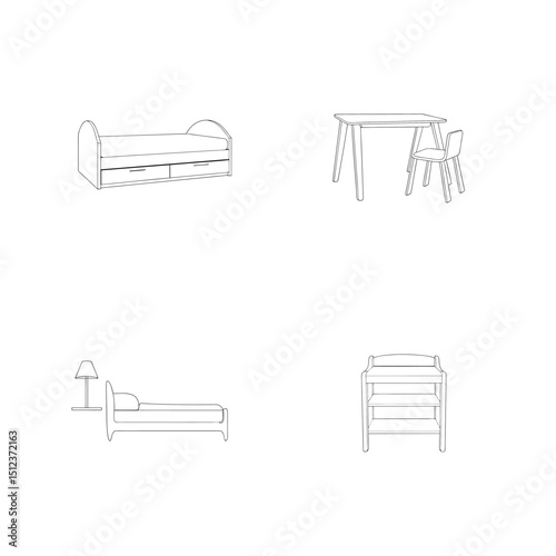 Outline illustrations of bedroom furniture including bedside table, table, chair, and a changing table