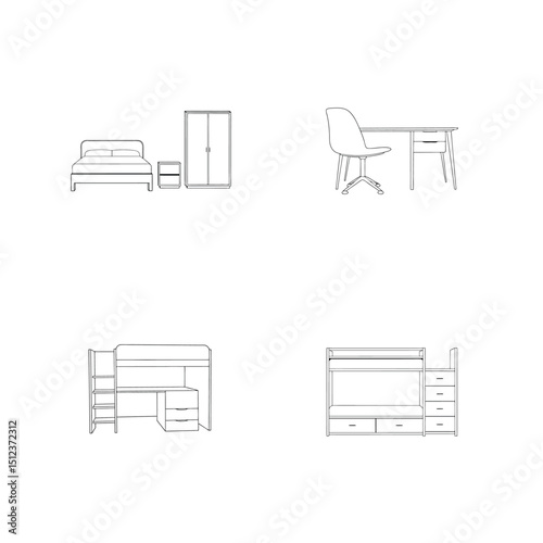 Line art drawings of bedroom furniture including beds desks and bunk beds