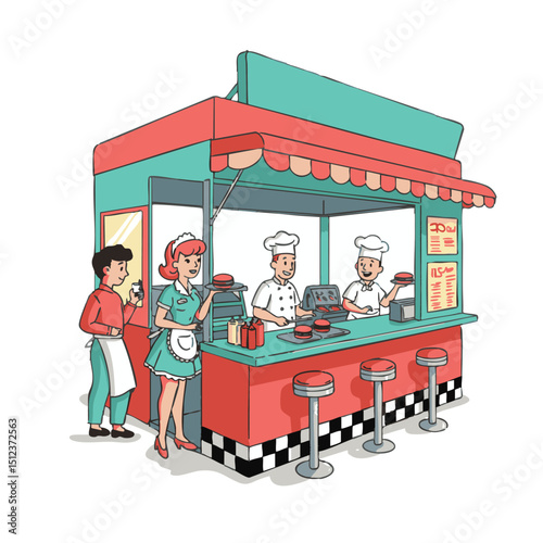 A retro burger stand shows chefs a server  a customer with stools lining the counter