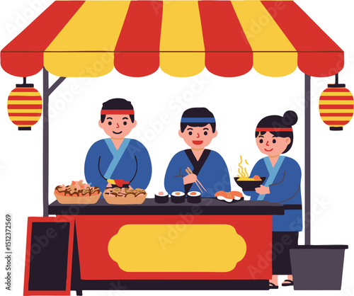 A Japanese food stall with three vendors sushi takoyaki ramen lanterns and a striped awning