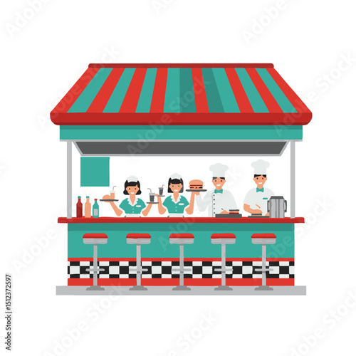 A retro diner scene with staff stools and striped awning