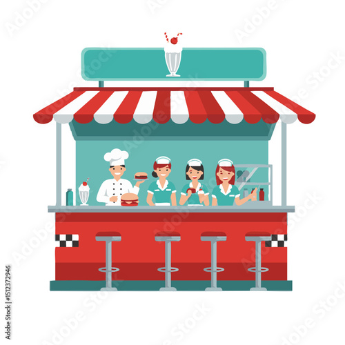 Retro diner illustration chef waitresses counter stools awning