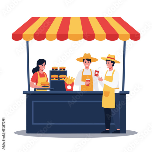 Street food stall with burgers fries and drinks Two men and one woman wearing hats and aprons