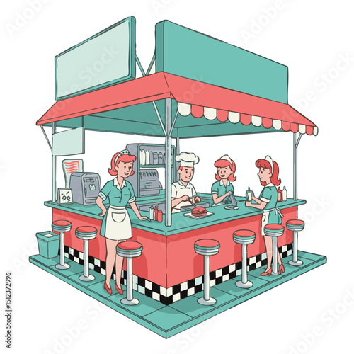 Retro diner with staff under a redandturquoise awning surrounded by stools and checkered floor