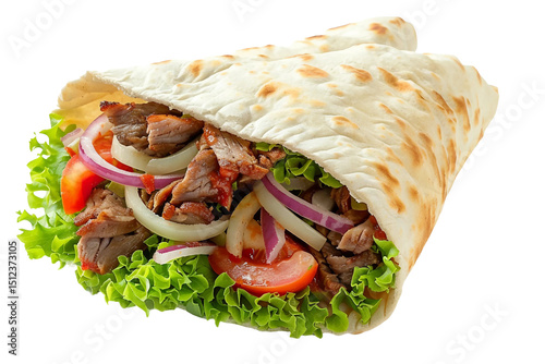 Flavor-packed shawarma wrapped in a warm pita bread with a combination of meat and sauces isolated on transparent background