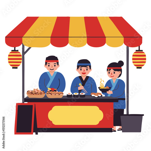 Illustration of three Japanese chefs at a street food stall featuring sushi noodles and lanterns