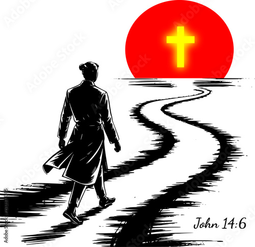 I am the way and the truth and the life. No one comes to the Father except through me." – John 14:6 | Man Walking Toward Glowing Cross on Winding Path – Christian Faith Vector Art