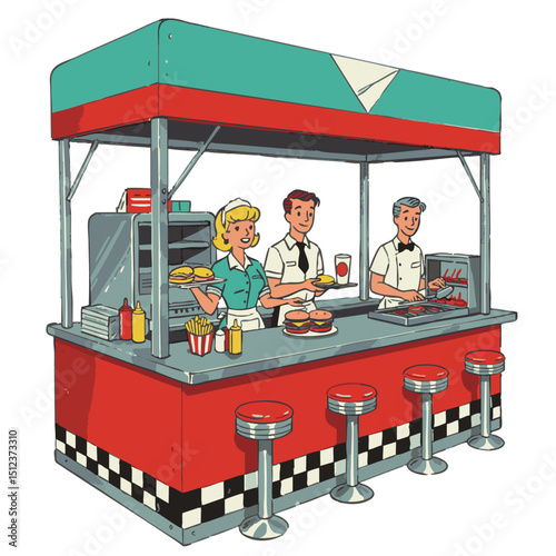 Retro diner scene showing 3 employees counter stools  food