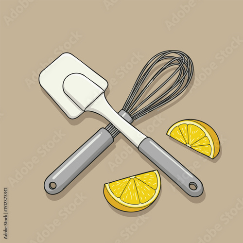 Spatula  whisk are crossed with lemons on brown background