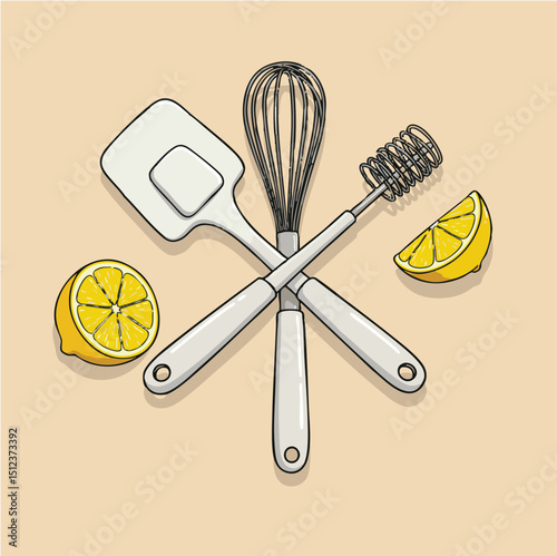 Utensils and lemons arranged including a whisk spatula and coil
