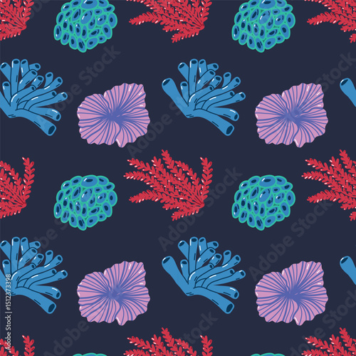 Colorful Marine-Inspired Pattern Featuring Coral and Sea Life Illustrations. Vibrant seamless design showcasing stylized drawings of corals, sponges, and underwater flora suitable for decoration, 