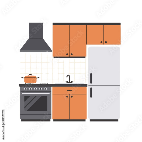 Modern kitchen design with orange cabinets and white appliances  