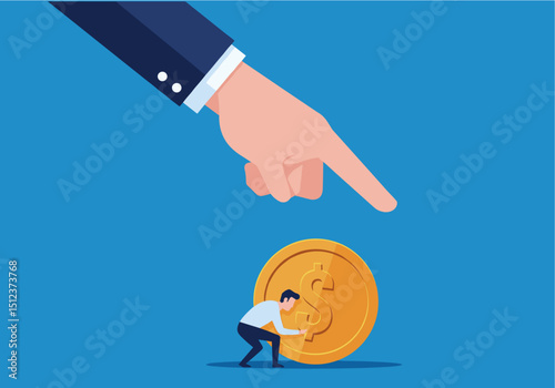 Flat Vector Businessman Carrying Heavy Money Burden, Pointing Hand
