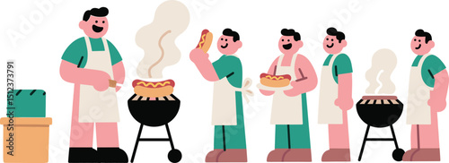 Group Barbecue Gathering with Grilling Hot Dogs Outdoor Cooking Scene Featuring Friends, Aprons, Smoke, Delicious Food, Community Fun, Summer Picnic, and Social Bonding Concept