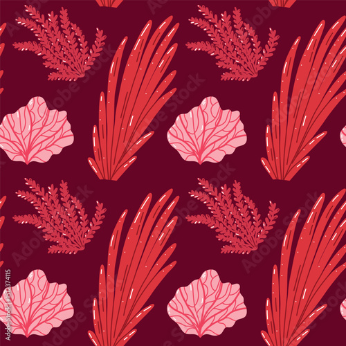 Seamless Pattern Featuring Red And Pink Abstract Seaweed On Burgundy Background. A dynamic seamless pattern displaying red and pink abstract seaweed on a bold burgundy backdrop, offering a vivid 