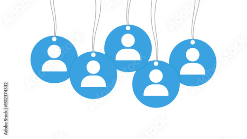 Five blue circular tags with user icons hang from strings, symbolizing the act of labeling people and prejudging individuals based on identity or superficial categories.