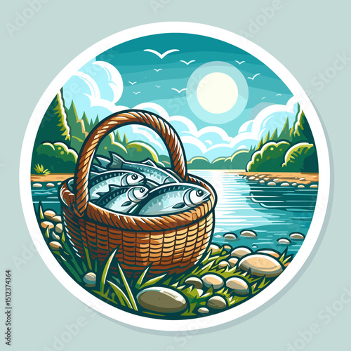 Freshwater fish catch illustration with basket of fish by serene riverbank