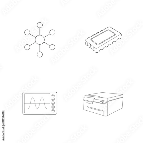 Black and white line drawings of technology icons including network connection, recorder, printer