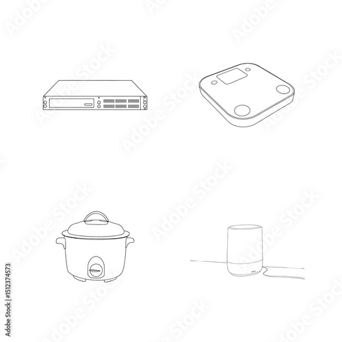 Minimalist outlined illustrations depicting modern electronic gadgets and appliances on white background
