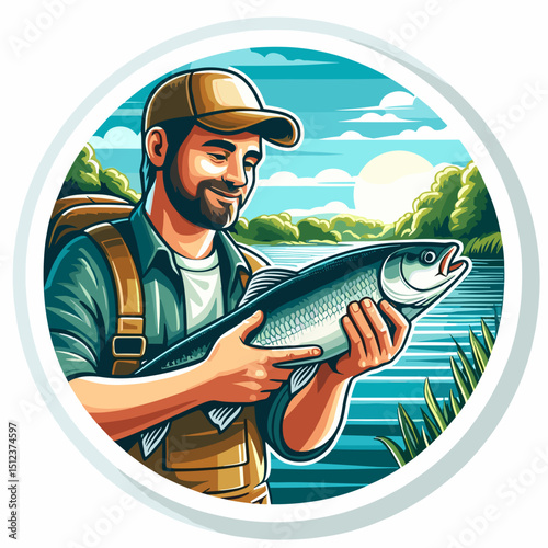 Freshwater fish catch illustration of man holding caught fish by river at sunset