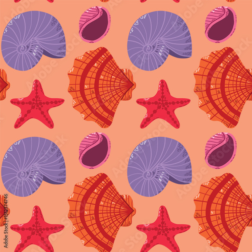 Seamless Pattern with Starfish and Shell Illustrations in Vibrant Hues. Seamless pattern of vibrant seashells and starfish against a soft background, perfect for summer or ocean-themed designs, decor