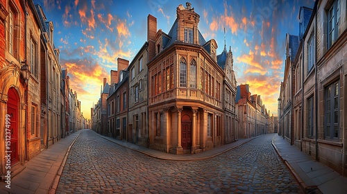 Warm glowing light fills a tight European alley lined with aged buildings, cobblestones underfoot and subtle architectural details evoking old-world charm