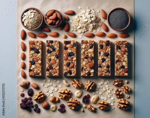 Grid layout of granola and nut bars with detailed textures, complemented by aligned oats, nuts, and cranberries, evoking order and contemporary food aesthetics. photo