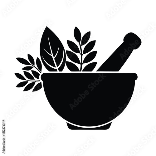 silhouette of a mortar and pestle with herbs and leaves on white background