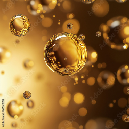 Drops of golden sunflower oil close up on orange and yellow background, oil bubbles macro photo