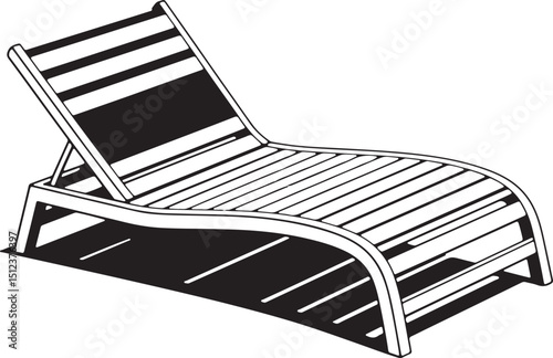 Black and white vector illustration of a relaxing summer lounger for beach or poolside.