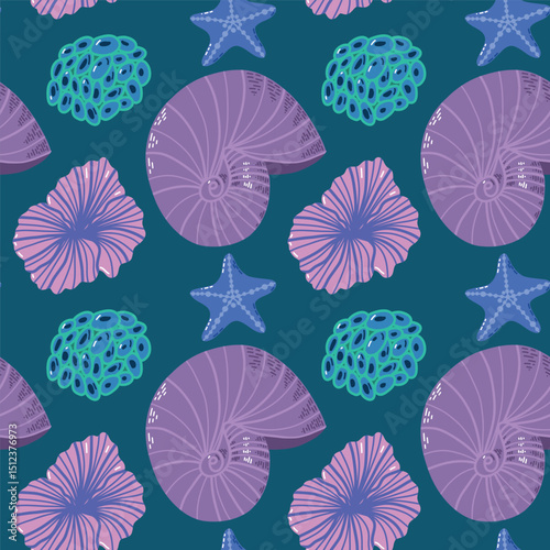 Seamless Underwater Pattern with Shells, Starfish, and Marine Elements. A playful and artistic underwater-themed pattern featuring spiral shells, starfish, and coral designs in vibrant purple, blue, 