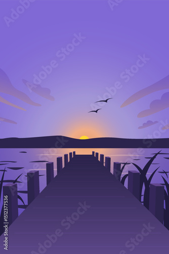 Sunset Pier on Lake – Vector Landscape with Wooden Dock, Birds, Hills and Calm Water in Purple Tones