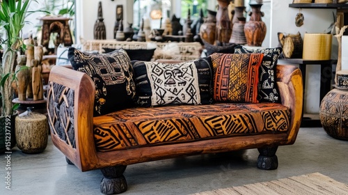 A carved wooden sofa with handwoven textiles in a cultural display room with tribal artifacts