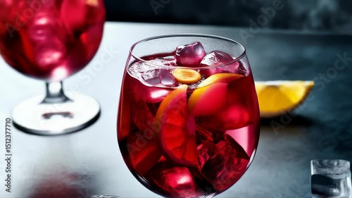 Close-up view of a refreshing red sangria with ice cubes and lemon slices in tall wine glass on a dark surface, summer drink concept.