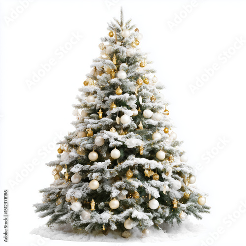 Snowy Christmas Tree with Gold Ornaments , PNG isolated cut out image