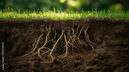 Close-up of broad plant roots breaking through hardened, densely packed soil in a green field
