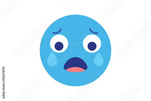 Crying emoji face with big blue tears vector illustration