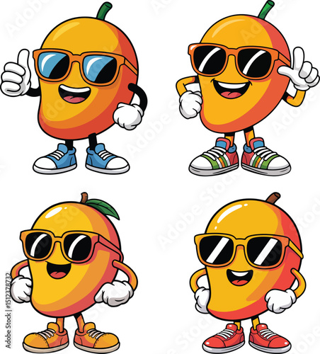 Cool Mango Cartoon Character Vector Set with Sunglasses