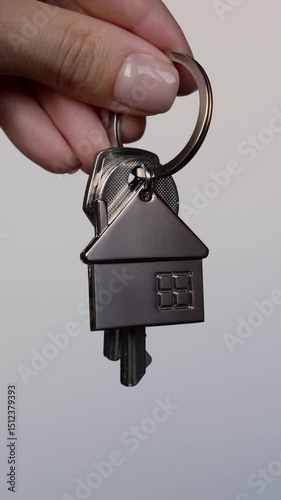 Keys with keychain in the shape of a house on a neutral background - real estate and dream home concept.