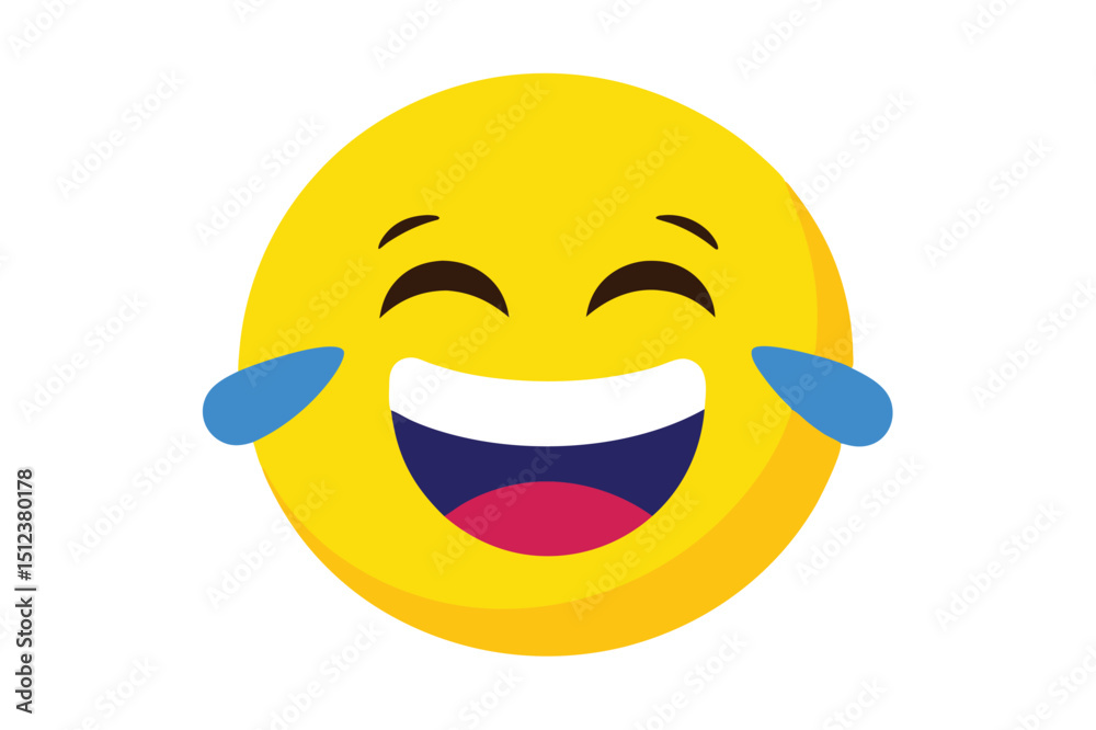 Fototapeta premium Joyful yellow emoji with tears of joy comic style vector illustration