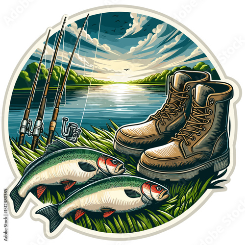 Freshwater fish catch illustration featuring caught fish and fishing boots by river