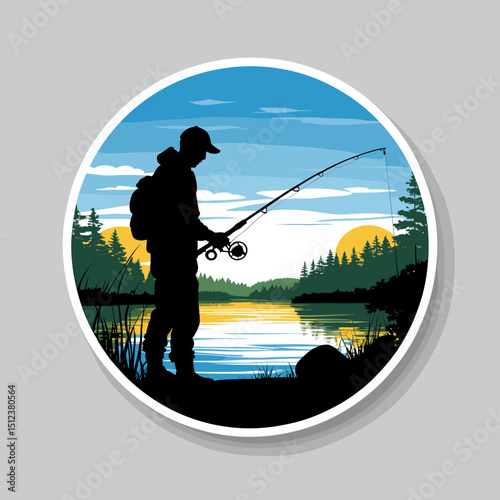 Freshwater fish catch illustration of fisherman casting rod at sunrise by river