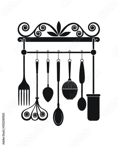 Kitchen Utensils Hanging on Wall Rack – Cooking Tools Vector Silhouette