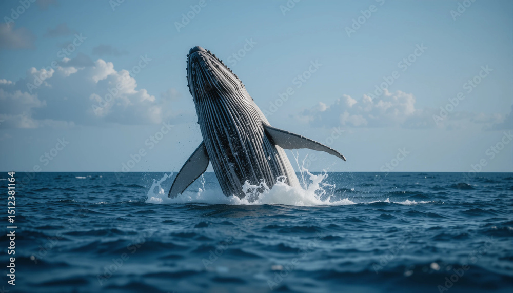 Fototapeta premium Ocean's Giant: A magnificent whale breaches the water's surface, its massive form a symbol of the ocean's raw power and beauty against a backdrop of the sky.